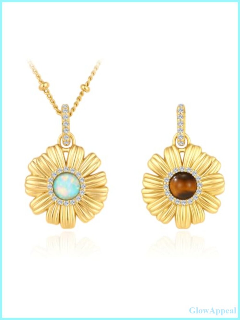 ARIS 18K Gold Plated Daisy Pendant Necklace with Tiger Eye and Opal